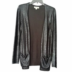 Inspire Metallic Black Open-Front Cardigan with Stud Pocket Trim